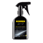 Musta suihkepullo, jossa on musta etiketti, KORREK Pro TFC Viimeistelyaine erilaisille pinnoille.