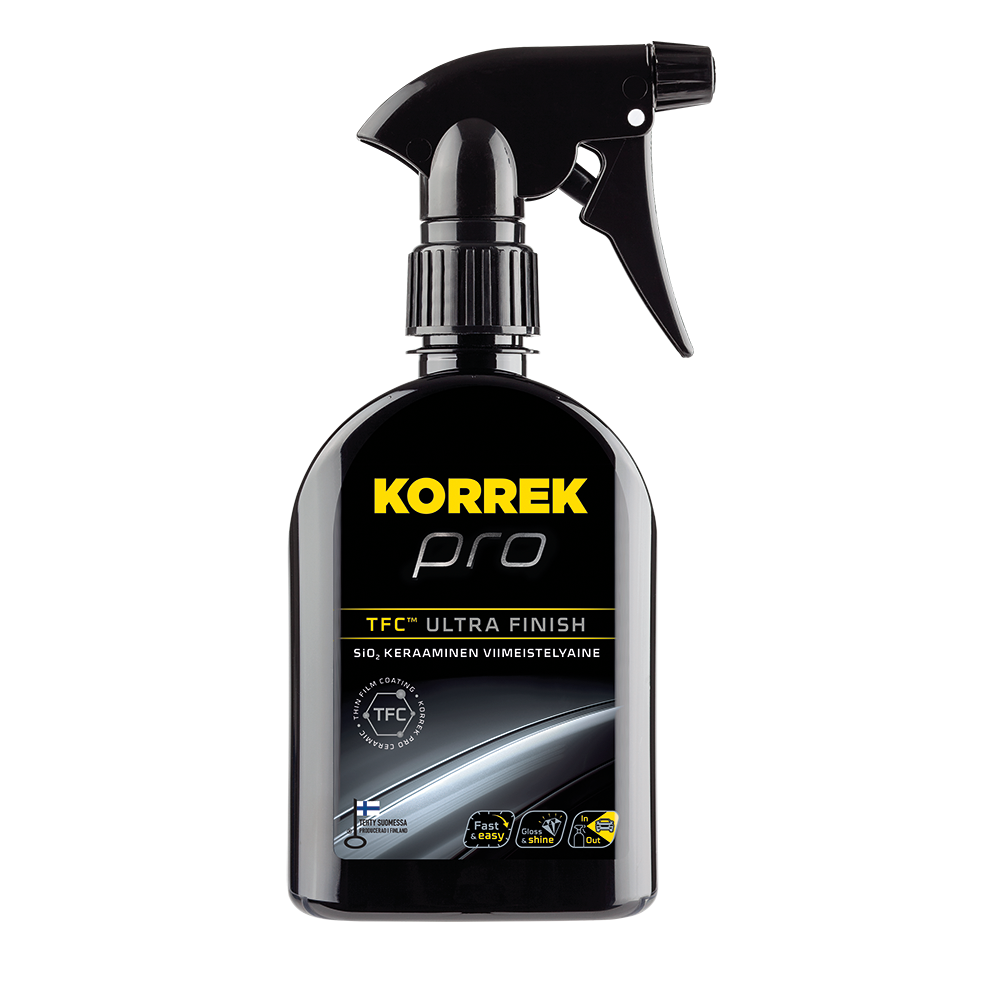 Musta suihkepullo, jossa on musta etiketti, KORREK Pro TFC Viimeistelyaine erilaisille pinnoille.