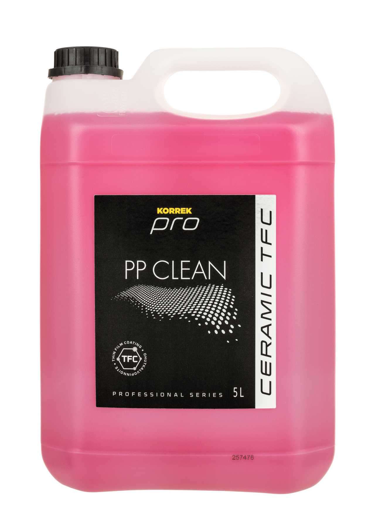 Vaaleanpunainen neste kannussa, tuotenimi "KORREK Pro Ceramic TFC PP Clean 5L". Ammattikäyttöön suunniteltu pesuaine.