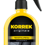 Keltainen suihkepullo, jossa on musta kahva, sisältäen KORREK Tekstiilipesua 350 ml.