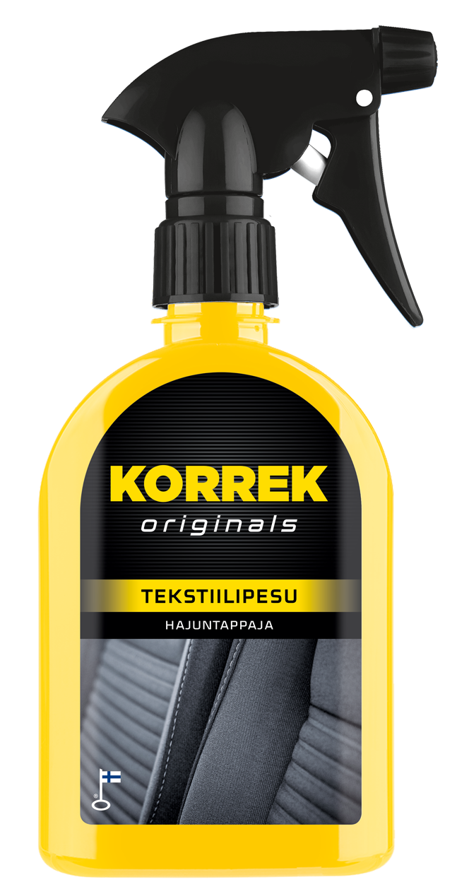 Keltainen suihkepullo, jossa on musta kahva, sisältäen KORREK Tekstiilipesua 350 ml.