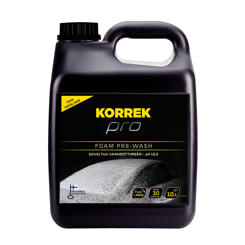 Musta muovipullo, jossa on etiketti ja tuotteen nimi "KORREK Pro Foam Pre-wash 3 L". Auton esipesuaine, joka irrottaa tehokkaasti likaa. Biohajoava tuote.