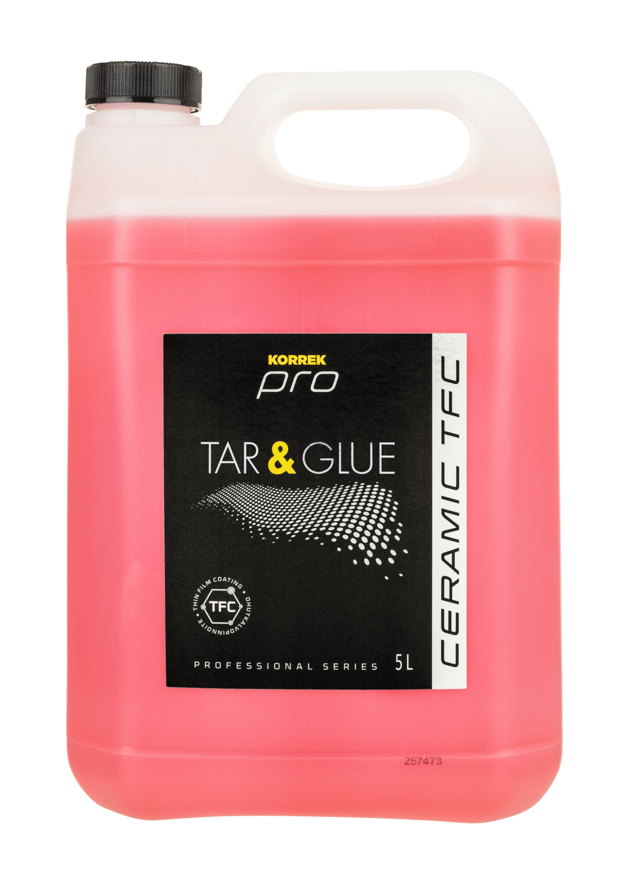 Vaaleanpunainen neste kannussa, KORREK Pro Ceramic TFC Tar & Glue 5L, hitaasti haihtuva liuotinpohjainen puhdistusaine.