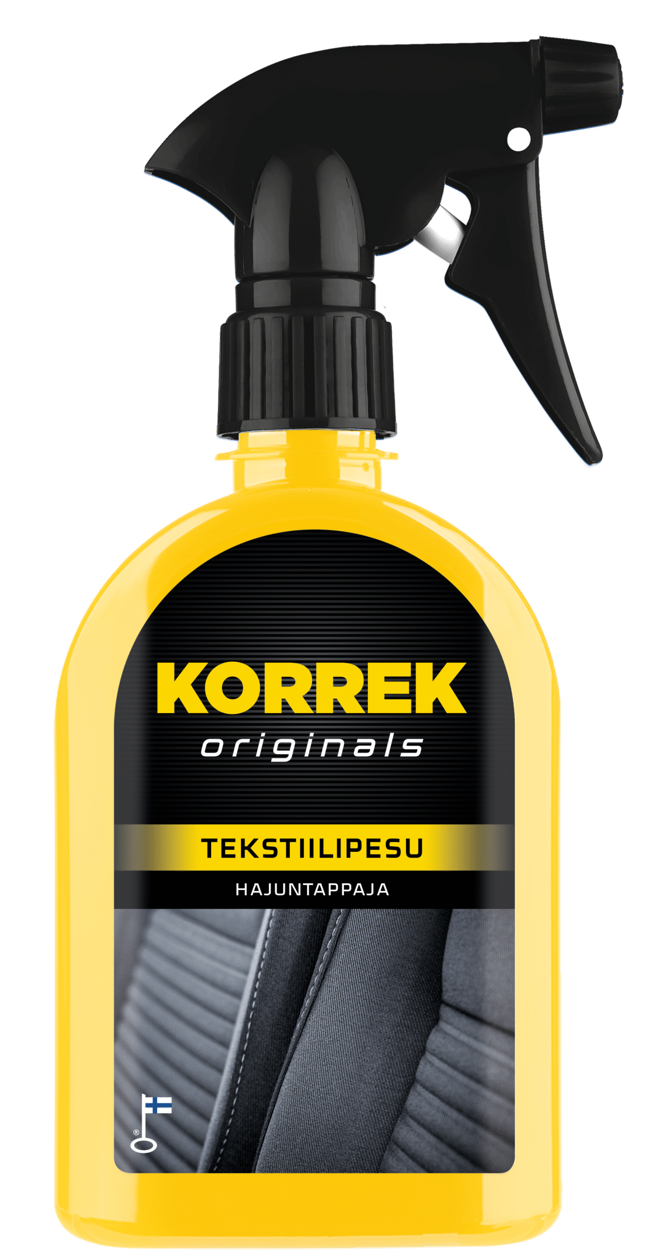 Keltainen suihkepullo, jossa on musta kansi, KORREK Tekstiilipesu 350 ml. Tehokas tekstiilien puhdistusaine.
