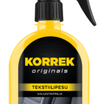Keltainen suihkepullo, jossa on musta kansi, KORREK Tekstiilipesu 350 ml. Tehokas tekstiilien puhdistusaine.