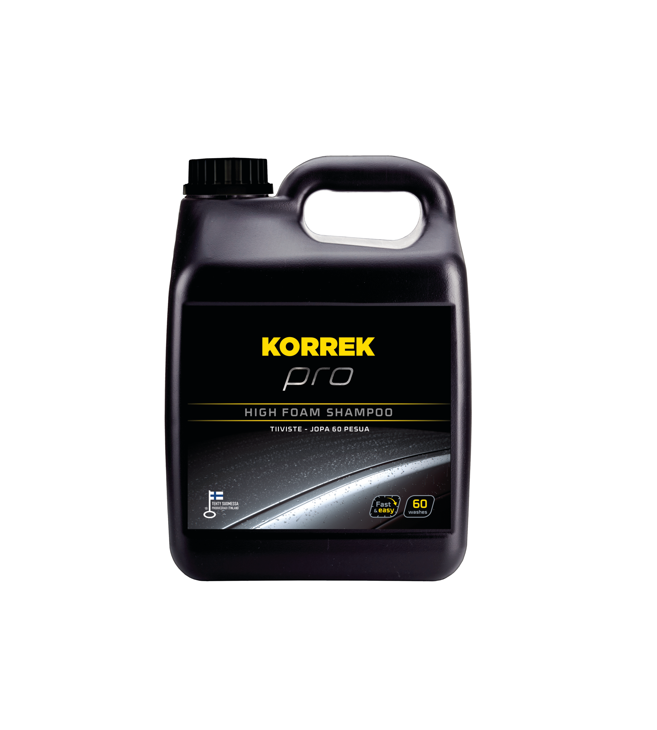 Musta KORREK Pro High Foam Shampoo 3L pullo. Sitruksentuoksuinen, voimakkaasti vaahtoava pesuainetiiviste autojen ulkopintojen pesuun.