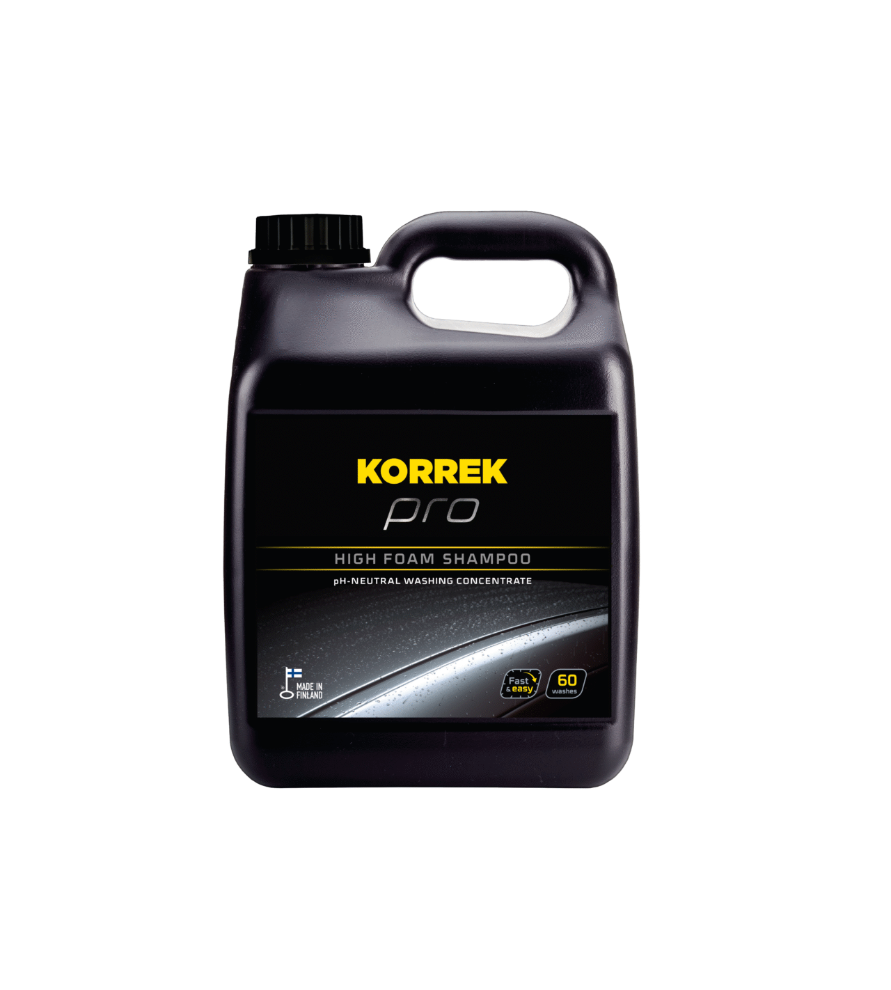 Musta muovisäiliö, jossa on etiketti "KORREK Pro High Foam Shampoo 3 L". Sitruksentuoksuinen, voimakkaasti vaahtoava autonpesutiiviste.