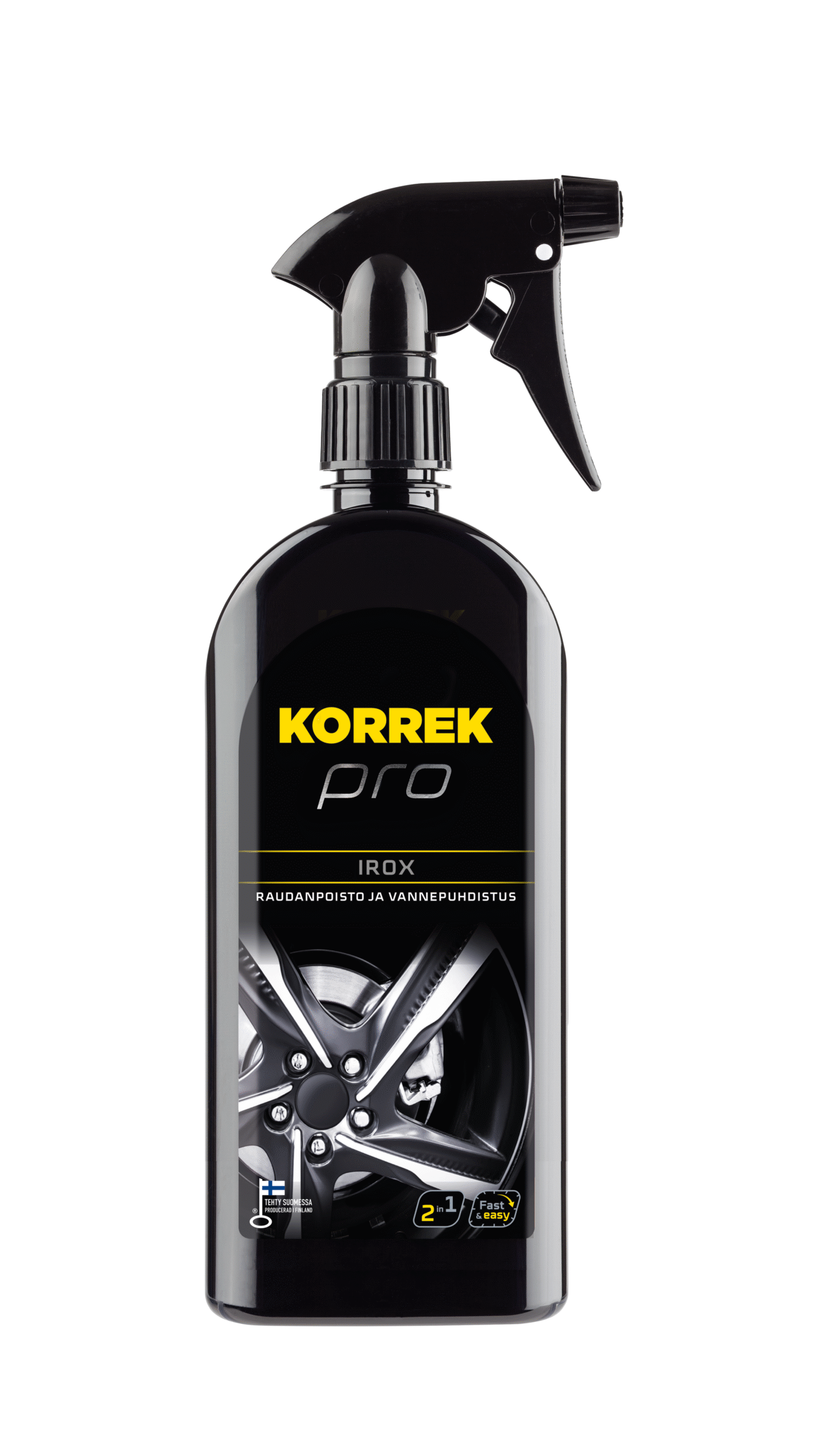 Kuvassa näkyy KORREK Pro Irox 700 ml musta suihkepullo, taustalla Jack Daniel's pullo. Tehokas raudanpoisto- ja vannepuhdistusaine.