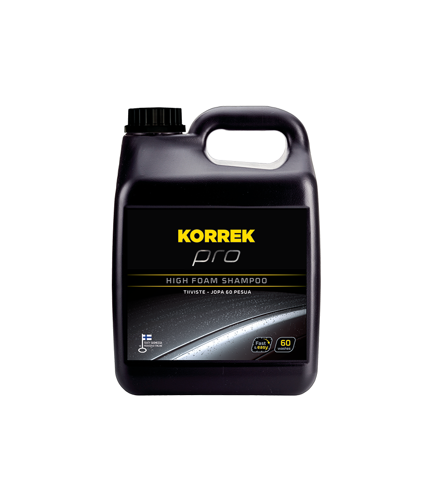 Musta muovisäiliö, jossa on etiketti "KORREK Pro High Foam Shampoo 3 L". Sitruksentuoksuinen, voimakkaasti vaahtoava autonpesutiiviste.