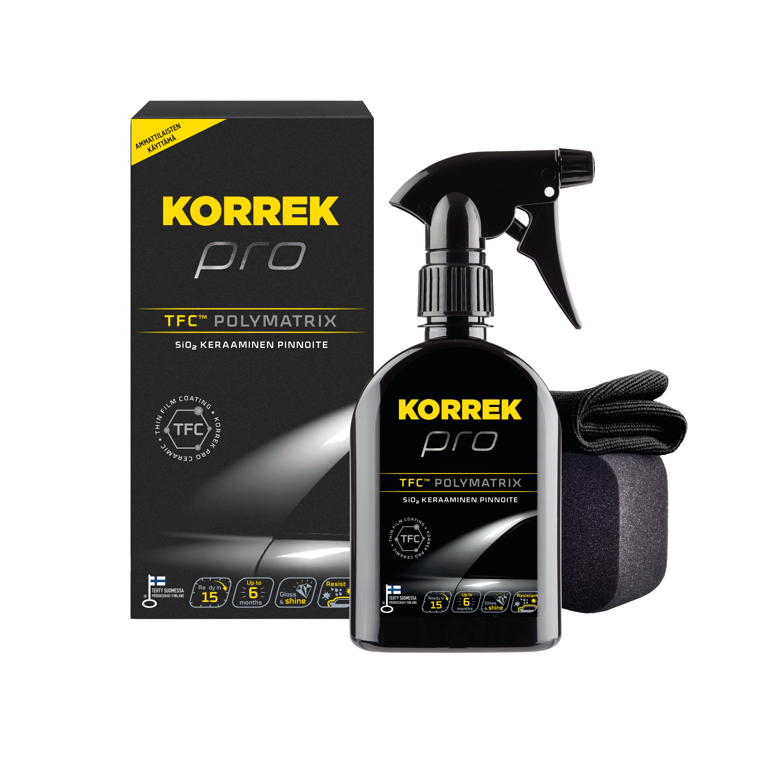 Kuvassa KORREK Pro TFC Polymatrix 350 ml -spraypullo ja pakkaus. Tuote suojaa autoa ja helpottaa pesua.