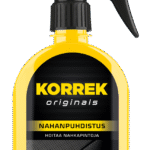 Korrek Originals Nahanpuhdistus keltainen spray-pullo mustalla pumpulla, auton nahkapintojen puhdistus ja hoito sisätiloihin.