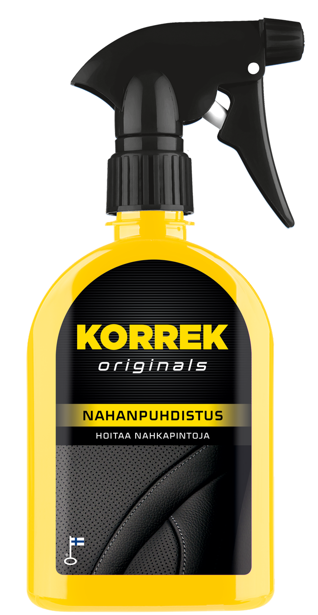 Korrek Originals Nahanpuhdistus keltainen spray-pullo mustalla pumpulla, auton nahkapintojen puhdistus ja hoito sisätiloihin.