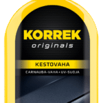 Keltainen pullo, jossa on mustaa ja keltaista tekstiä. Tuote on KORREK Kestovaha 350 ml, joka antaa auton maalipinnalle kestävän suojan.