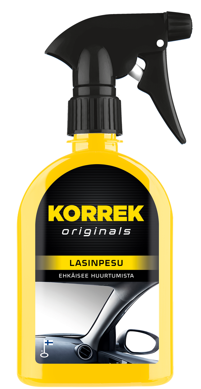 Korrek Originals Lasinpesu keltainen spray-pullo mustalla pumpulla, ehkäisee lasien huuruuntumista autoissa ja parantaa näkyvyyttä.