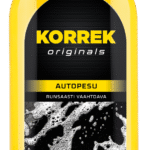 Korrek Autopesu runsaasti vaahtoava autoperusaine keltaisessa pullossa mustalla etiketillä.