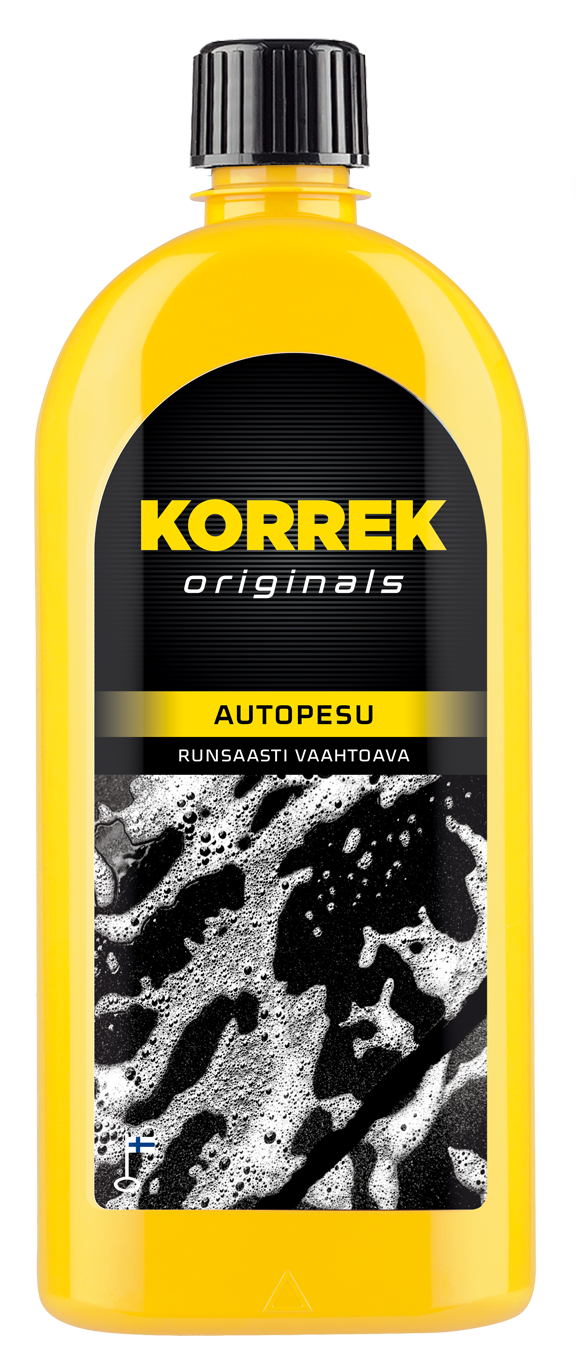 Korrek Autopesu runsaasti vaahtoava autoperusaine keltaisessa pullossa mustalla etiketillä.