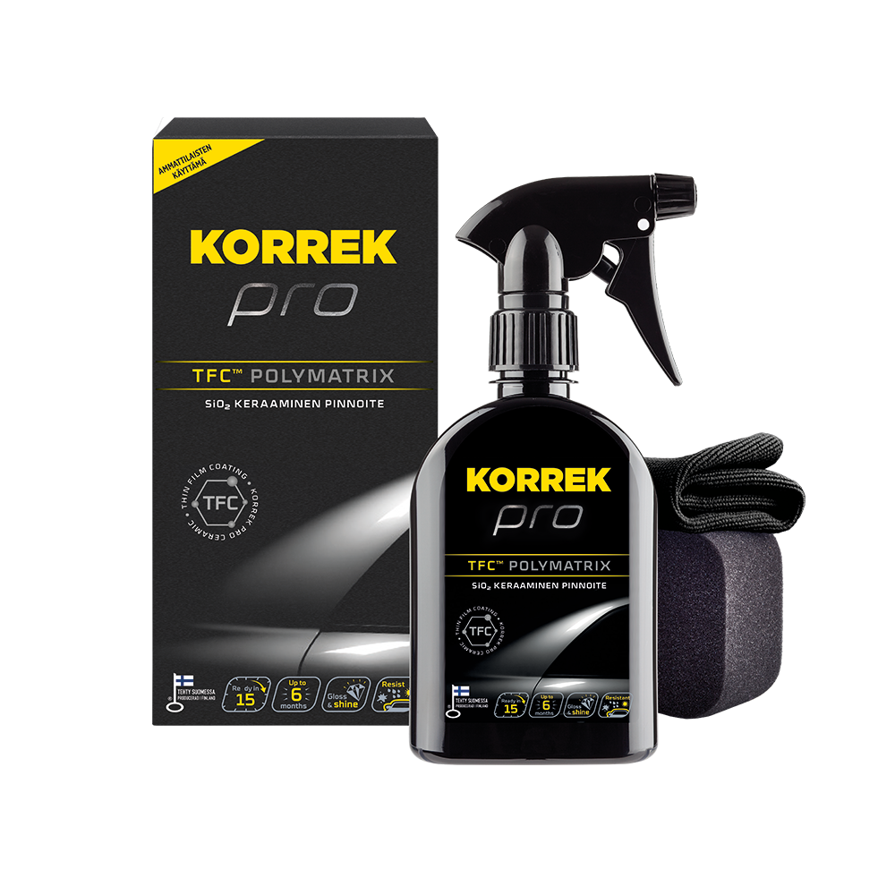 Korrek Pro TFC POLYMATRIX SiO₂ keraaminen spray-pinnoite pakkaus, pullo trigger-spraylla ja soveltajapadi, vedenhylkivä pinnoite autojen metalliväripinnoille.