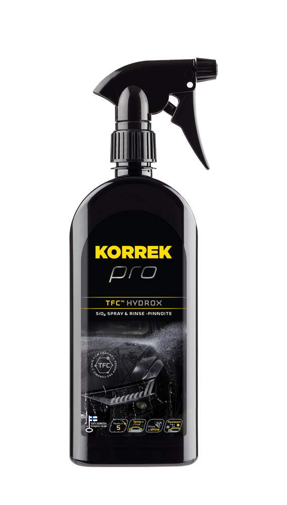 Musta Korrek Pro TFC HYDROX SiO₂ spray & rinse -pinnoite pullo trigger-spraylla, nopea suoja autojen pinnoitteelle vedenhylkivyydellä.