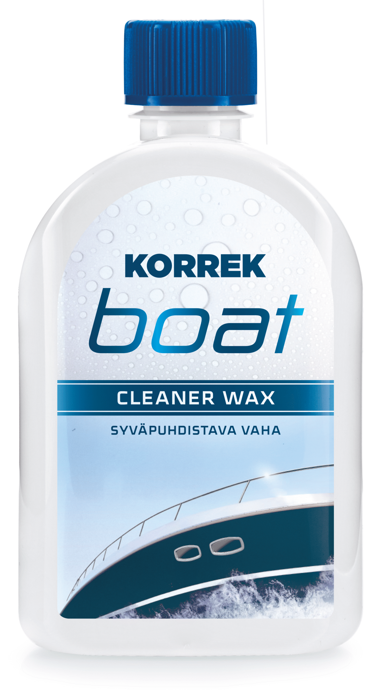 Korrek Boat Cleaner Wax valkoinen pullo sinisellä kannella, veneiden puhdistus- ja vahasuoja merivesille ja aurinkokäytölle.