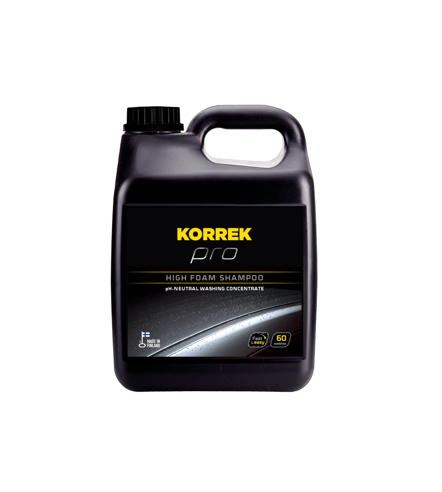 Musta KORREK Pro High Foam Shampoo 3L pullo. Sitruksentuoksuinen, voimakkaasti vaahtoava pesuainetiiviste autojen ulkopintojen pesuun.