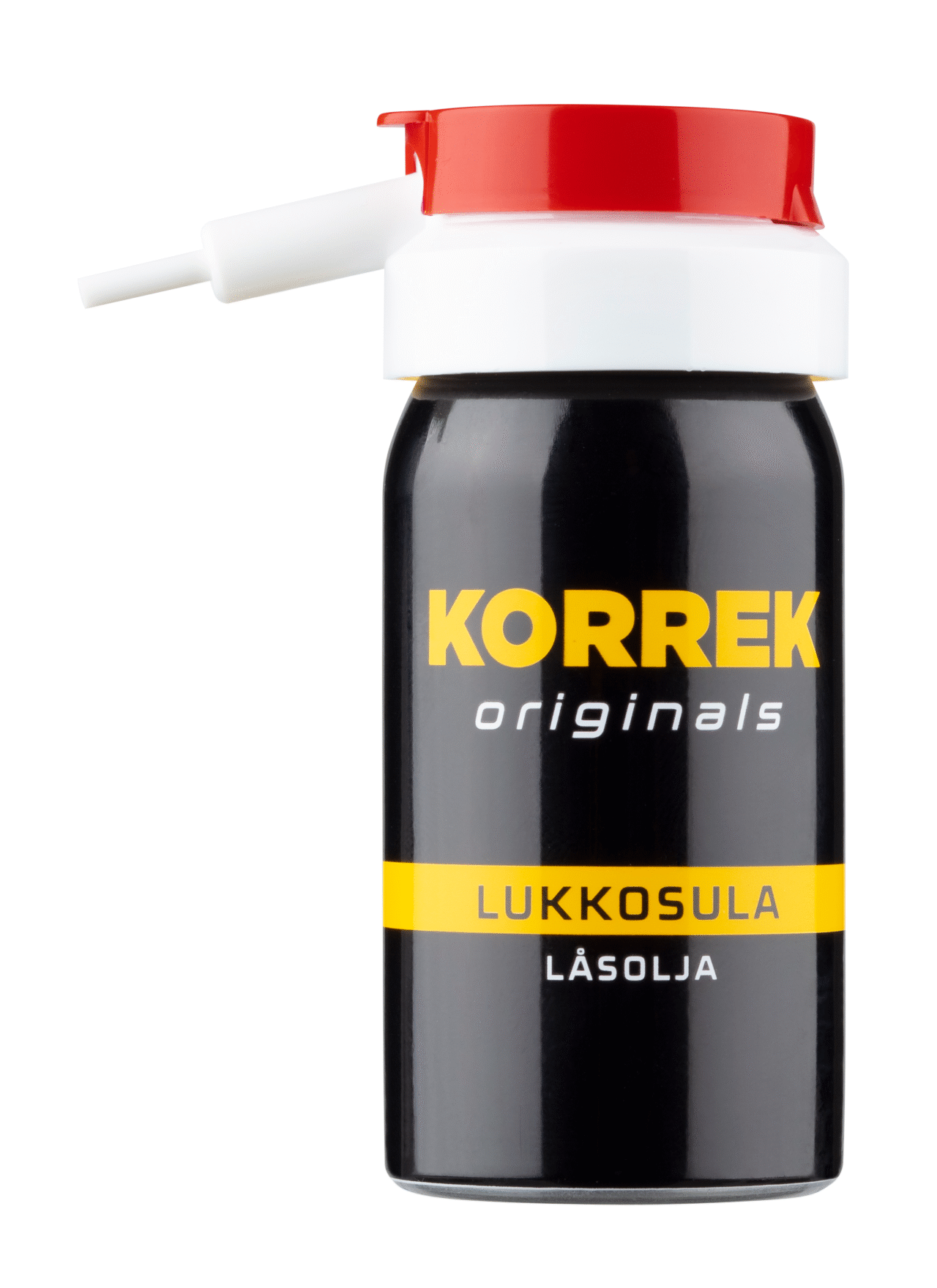 Korrek Originals Lukkosula Låsolja musta pullo punaisella kannella, autojen lukkojen voiteluun ja roudan poistoon.