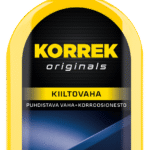 Korrek Kiiltovaha puhdistava autovaha ja korroosionesto keltaisessa pullossa tummansinisellä etiketillä.