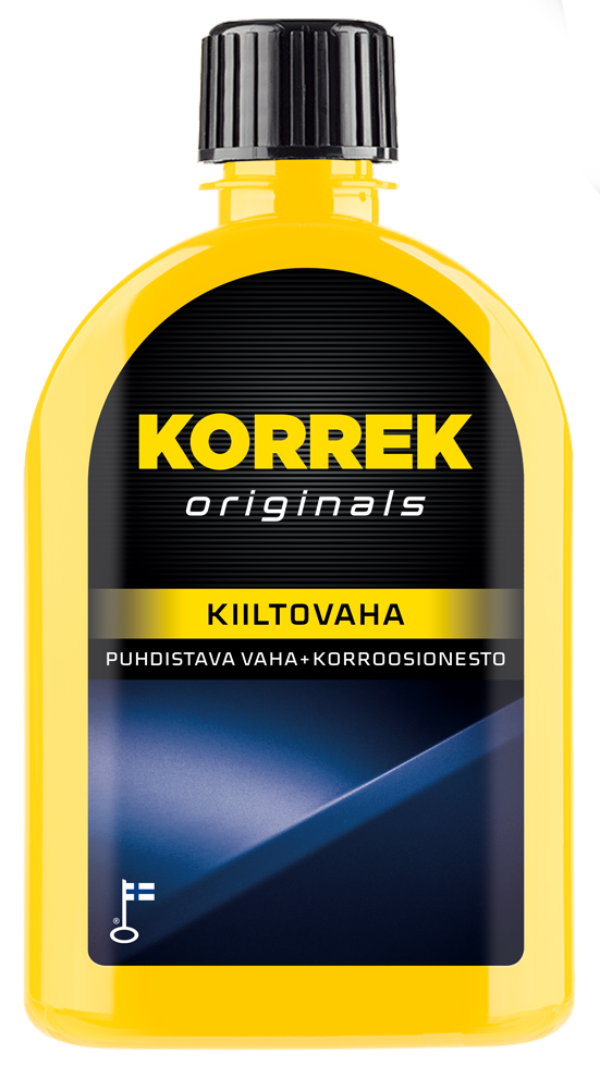 Korrek Kiiltovaha puhdistava autovaha ja korroosionesto keltaisessa pullossa tummansinisellä etiketillä.