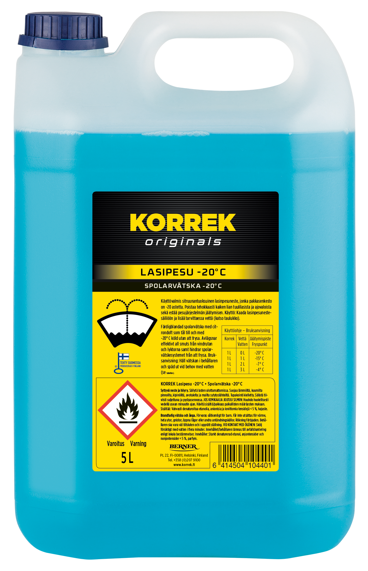 Korrek Lasipesu -20°C tuulilasin pesuneste 5 litran sinisessä kanisterissa keltaisella etiketillä.