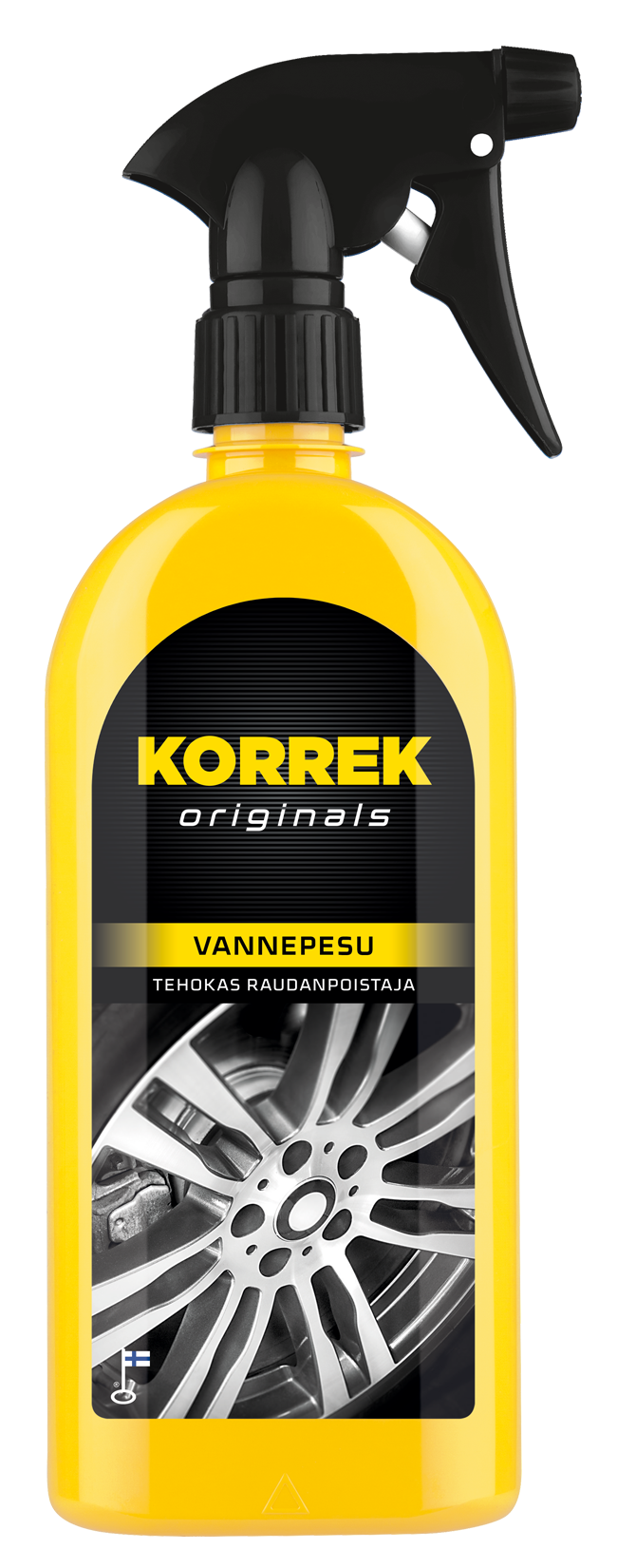Korrek Originals Vannepesu keltainen spray-pullo mustalla pumpulla, tehokas raudanpoistaja autojen vanteiden puhdistukseen.