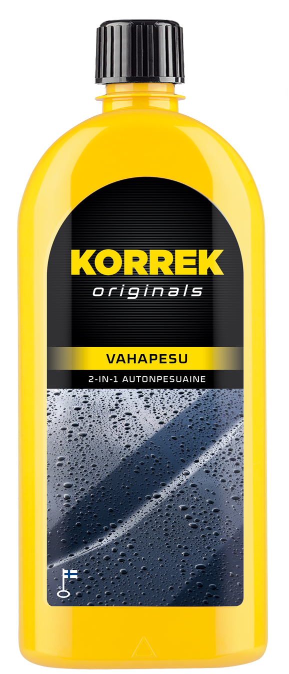 Korrek Originals VAHAPESU keltainen pullo 2-in-1 autonpesuaine, joka pesee ja vahaa autoa yhtä aikaa vedenhylkivällä tuloksella.