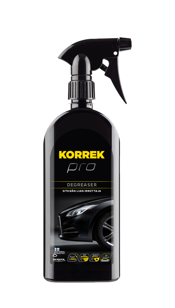 Korrek Pro Degreaser musta spray-pullo, rasvanpoistaja ja kuivausaine ammattilaisille.