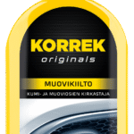Korrek Muovikiilto kumi- ja muoviosien kirkastaja keltaisessa pullossa, etiketissä auton muovinen puskuri.