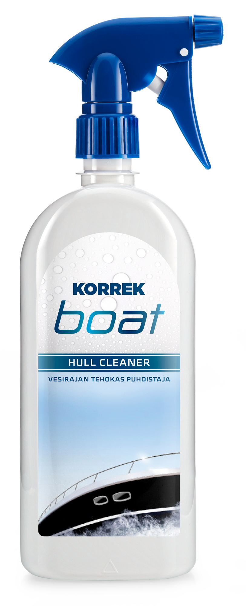 Korrek Boat Hull Cleaner valkoinen sprayämpäri sinisellä trigger-pumpulla, veneen vesirajantehokaspuhdistaja merivesi- ja leväliikaontumiselle.