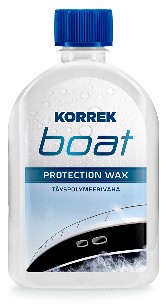 Korrek Boat Protection Wax valkoinen pullo sinisellä kannella, veneen pintojen täyssuojaava vaha merivesi- ja auringonsäteilykäytölle.