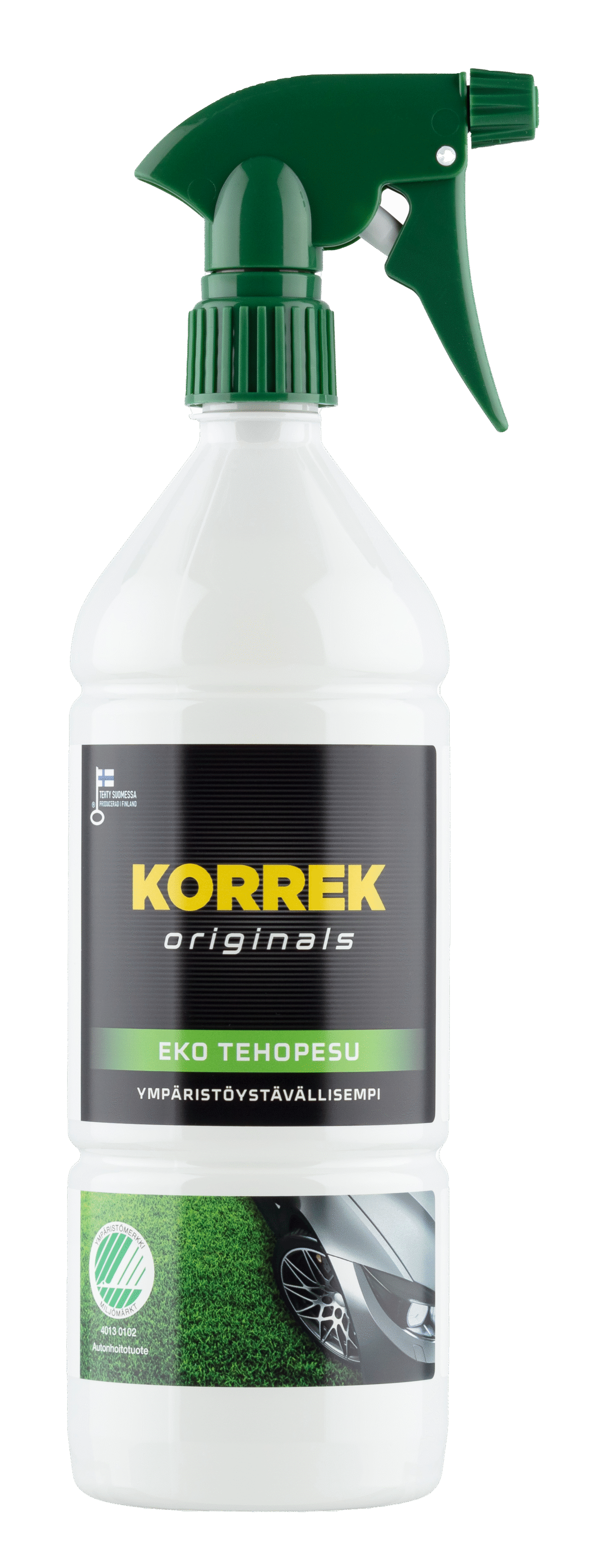 Korrek Eko Tehopesu ympäristöystävällisempi esipesuspray valkoisessa pullossa, etiketissä auto vihreällä nurmella.