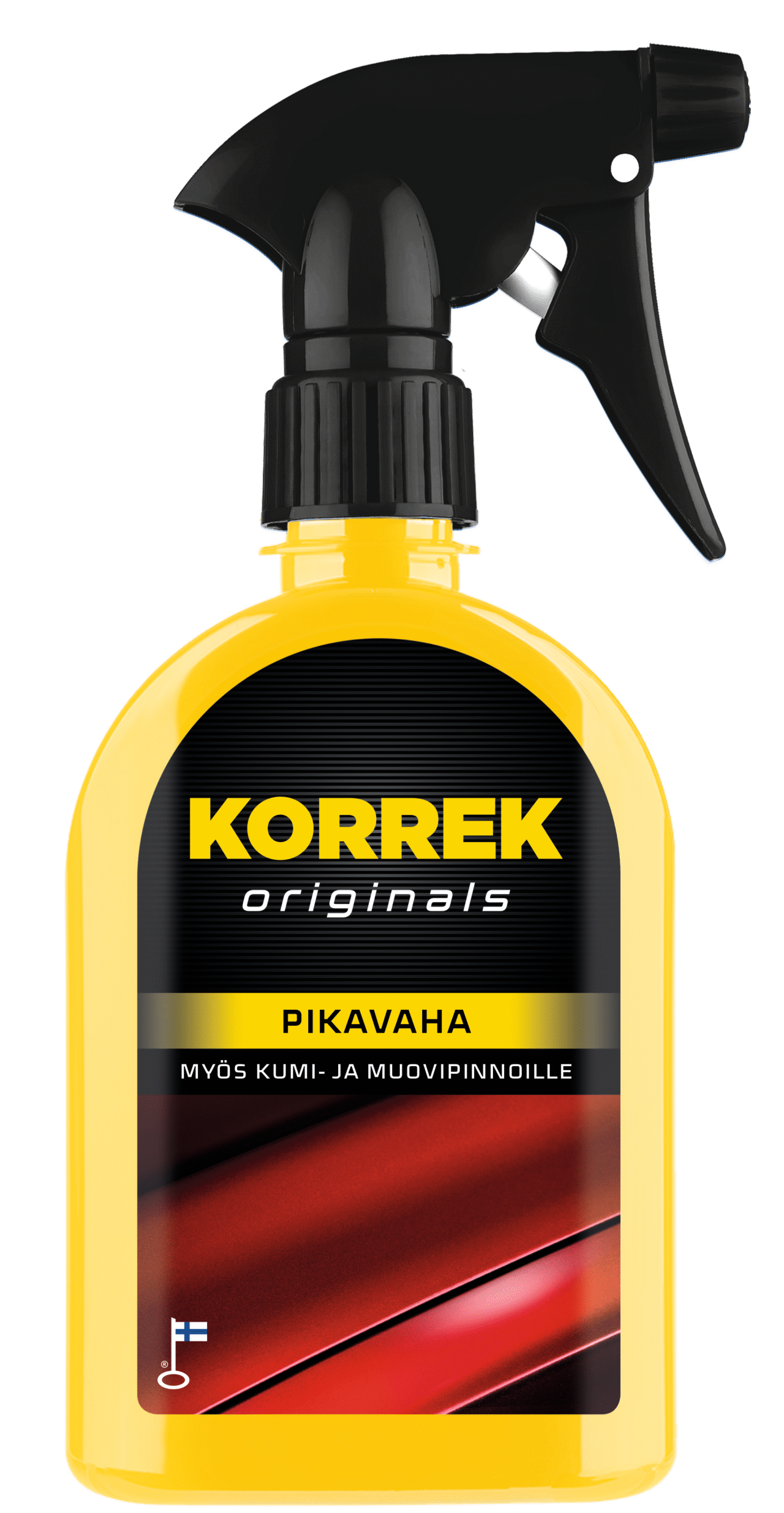 Keltainen suihkepullo, jossa on musta kansi. Tuote on KORREK Pikavaha 350 ml, suojaa erilaisia maali-, kumi- ja muovipintoja.