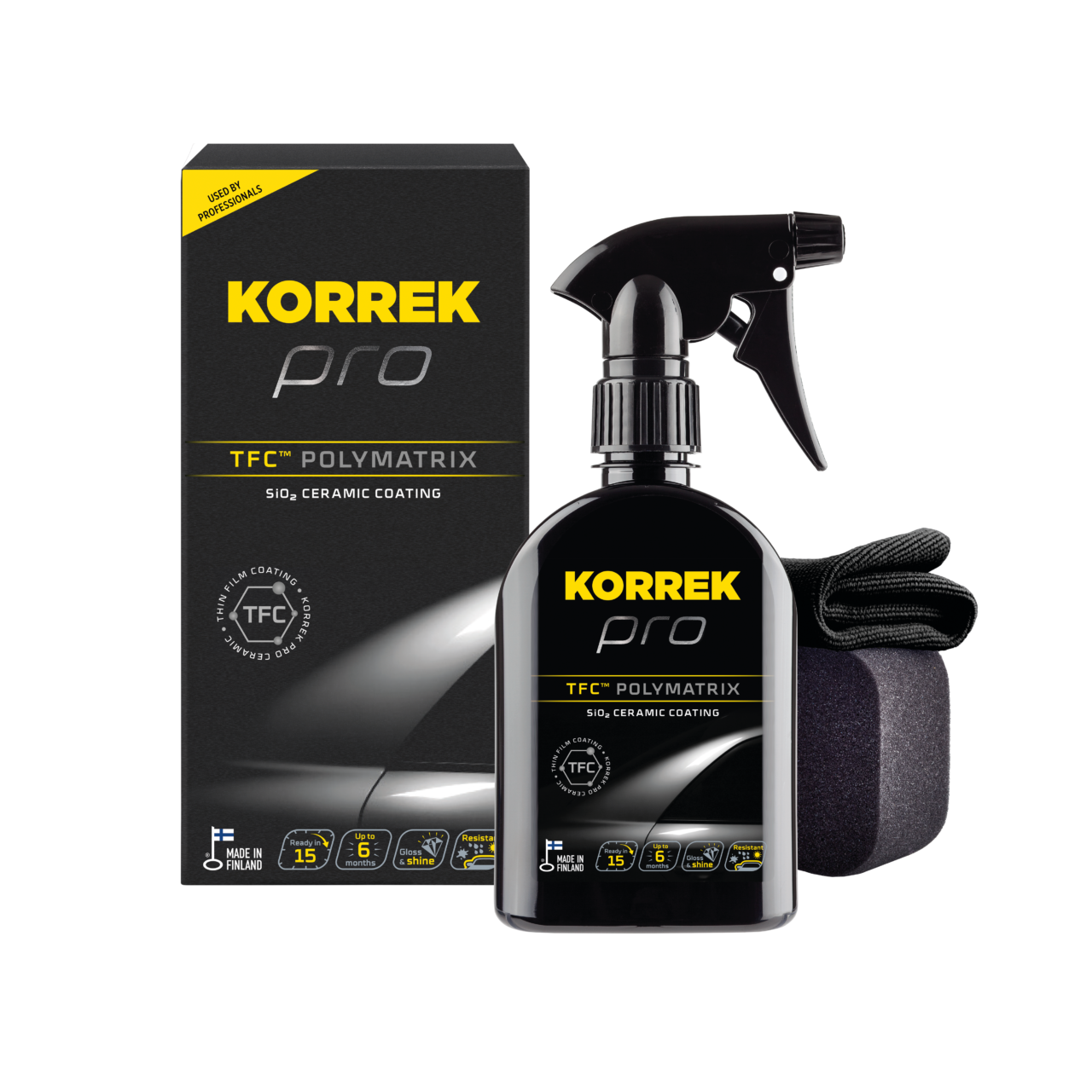 Kuvassa KORREK Pro TFC Polymatrix 350 ml -spraypullo ja pakkaus. Tuote suojaa autoa ja helpottaa pesua.